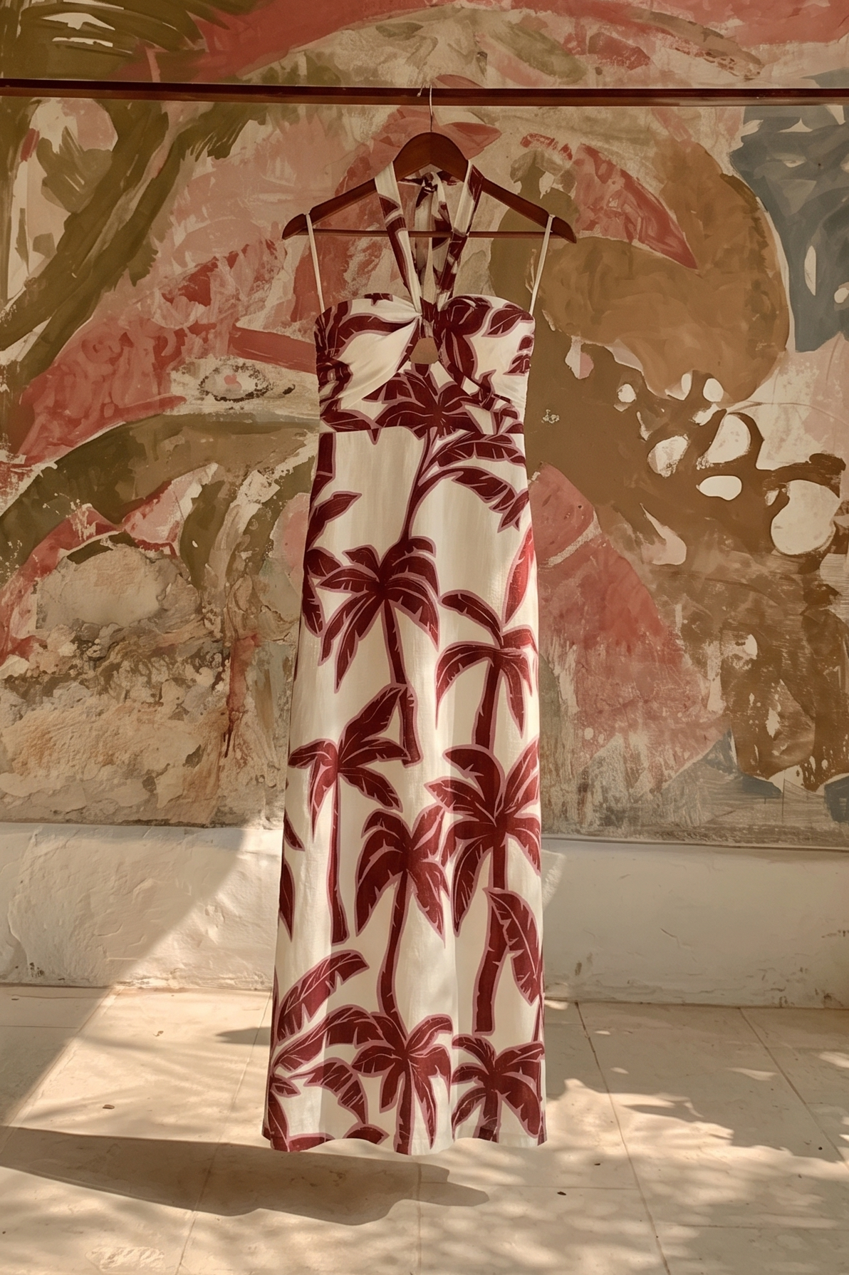 A sleeveless halter maxi dress with a red palm tree pattern on a white background, hanging on a wooden hanger against a textured, abstract painted wall.