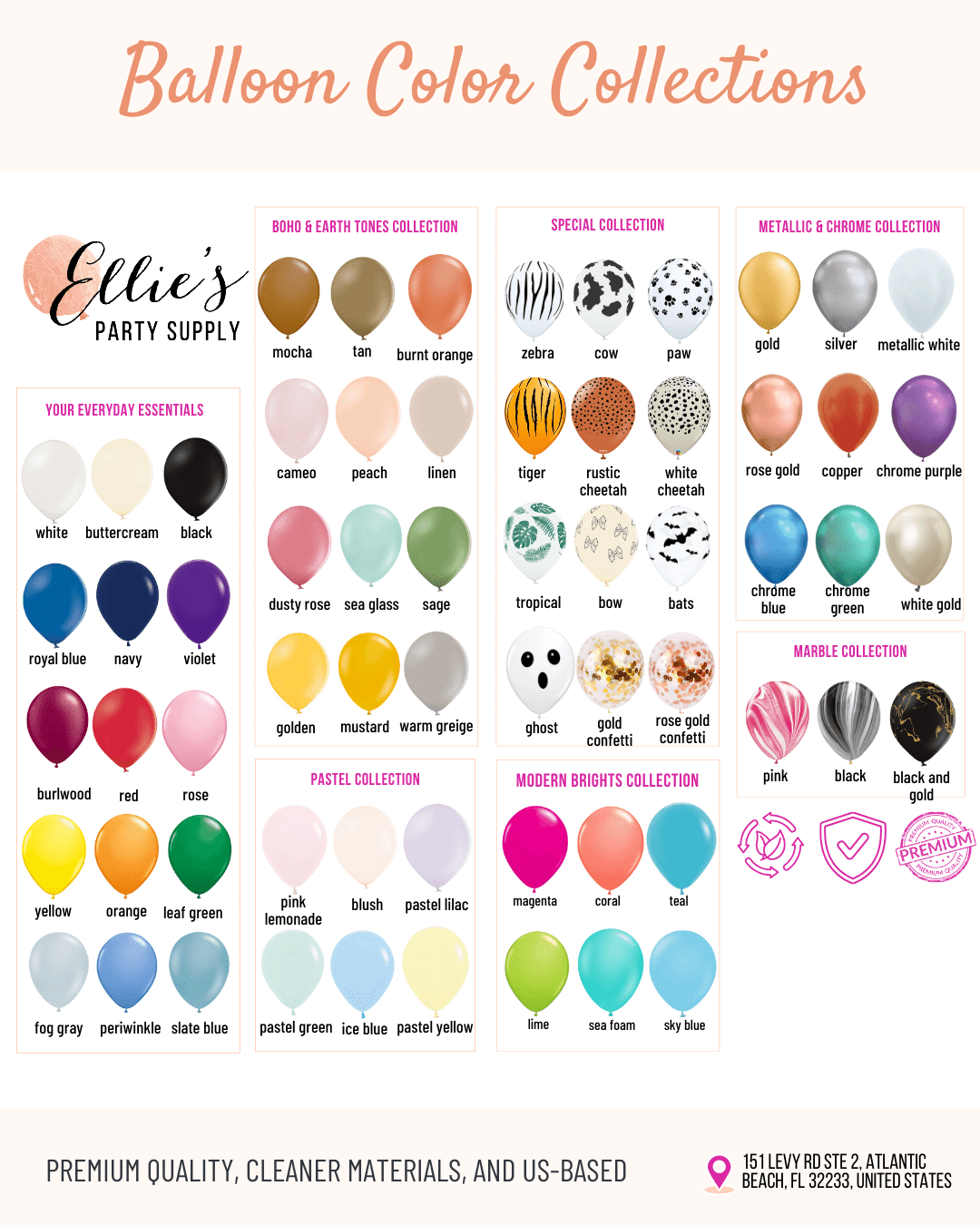 Color chart for balloons with various collections and a brand logo at the bottom.