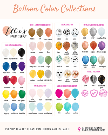 Color chart for balloons with various collections and a brand logo at the bottom.