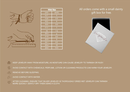 Jewelry care instructions with a small dainty gift box on a brown background