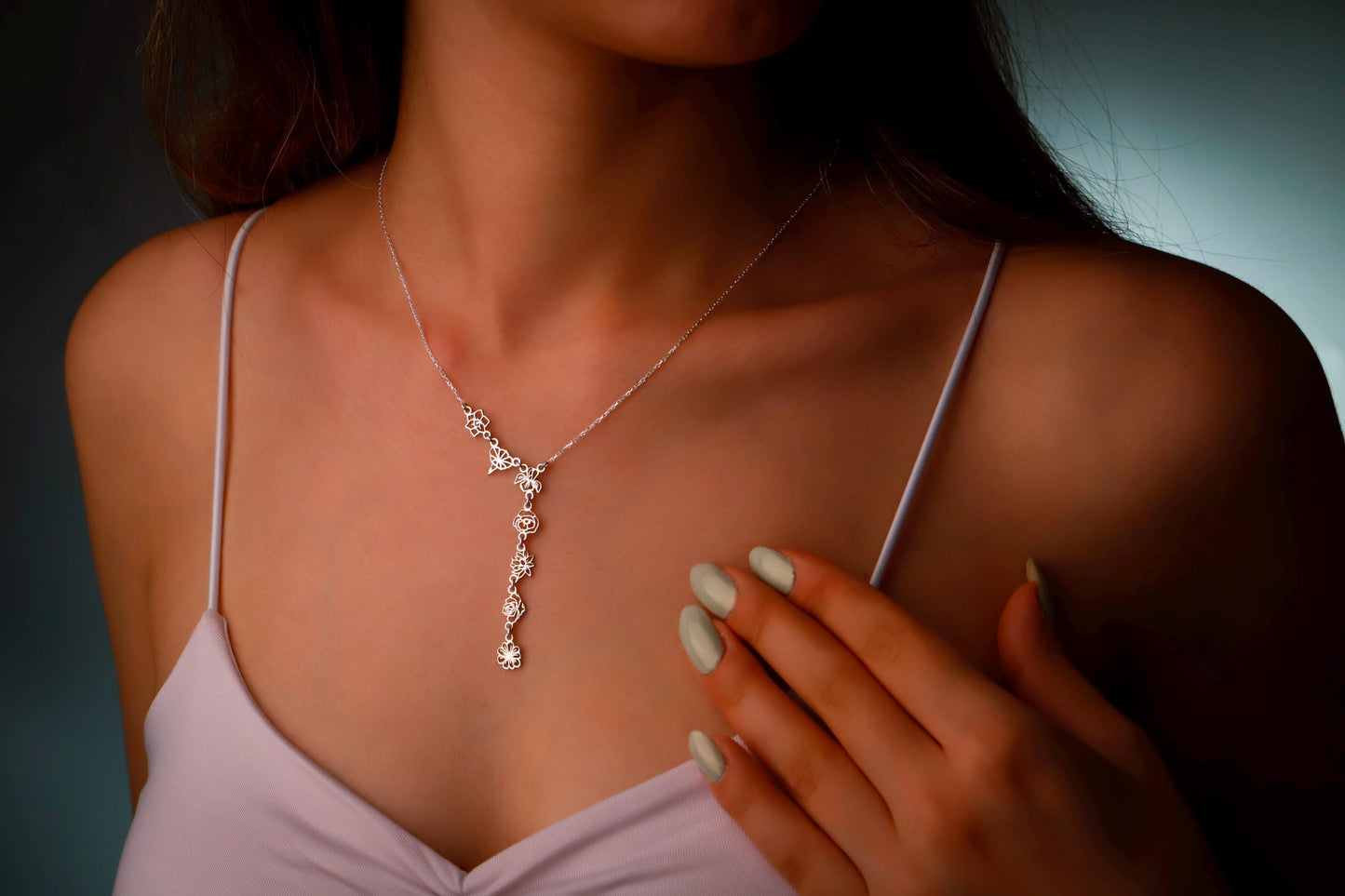 Floral Essence Lariat Necklace - Sterling Silver Y Design