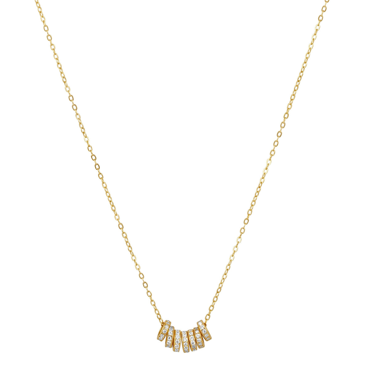 A delicate gold chain necklace featuring a pendant made of five small, vertically aligned rectangular gold bars, each set with tiny clear stones, shown against a plain white background.