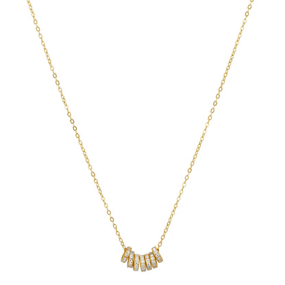 A delicate gold chain necklace featuring a pendant made of five small, vertically aligned rectangular gold bars, each set with tiny clear stones, shown against a plain white background.