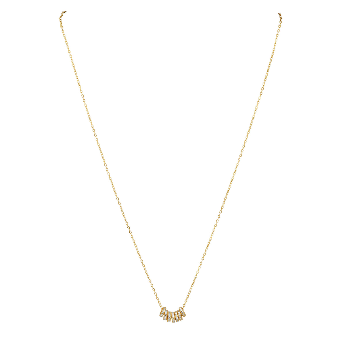 Gold necklace with a small pendant on a white background