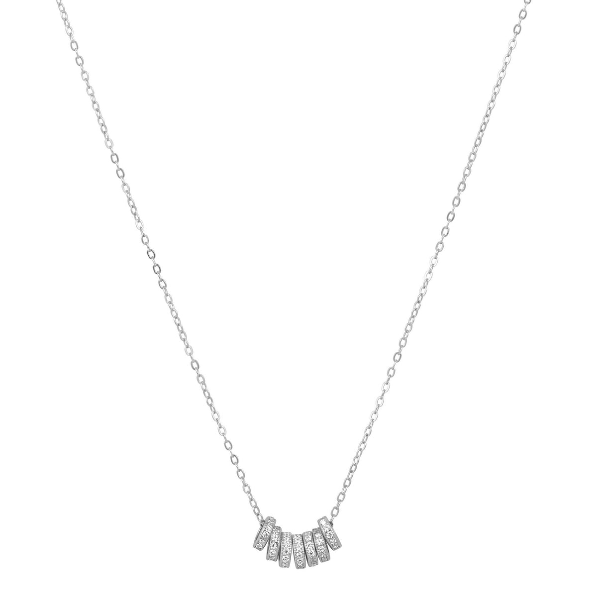 Silver necklace with small rectangular pendants on a white background