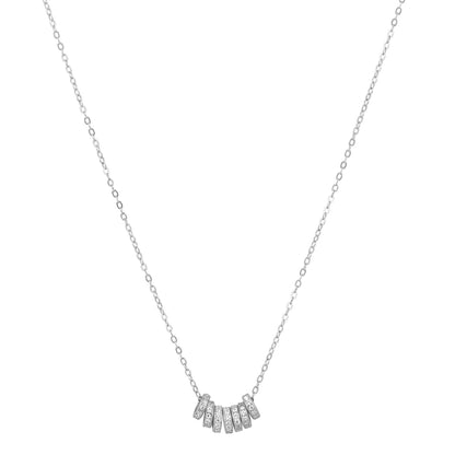 Silver necklace with small rectangular pendants on a white background