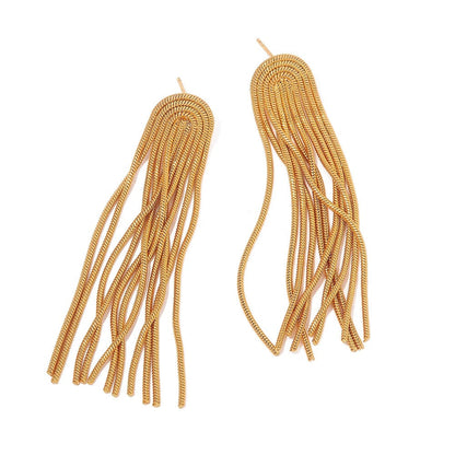 Addison gold statement earrings with rounded tops and long cascading chain fringe on a white background.