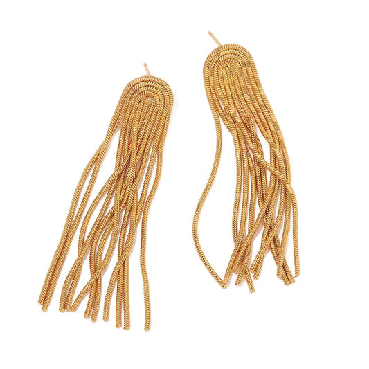 Addison gold statement earrings with rounded tops and long cascading chain fringe on a white background.