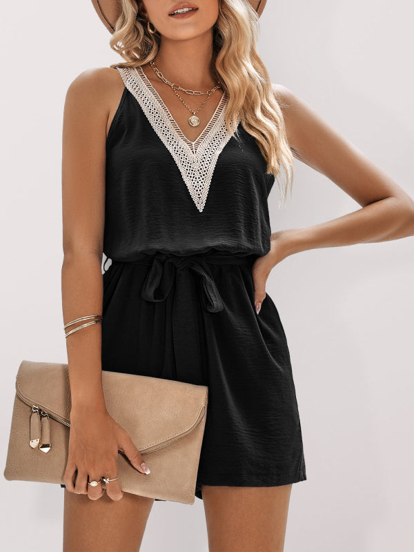 Casual Lace V-Neck Sleeveless Belt Jumpsuit