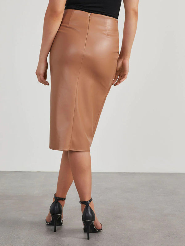 Twisted Elegance Faux Leather Midi Skirt - High-Slit Wrap Design