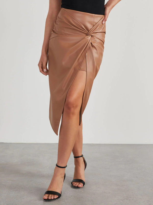Twisted Elegance Faux Leather Midi Skirt - High-Slit Wrap Design