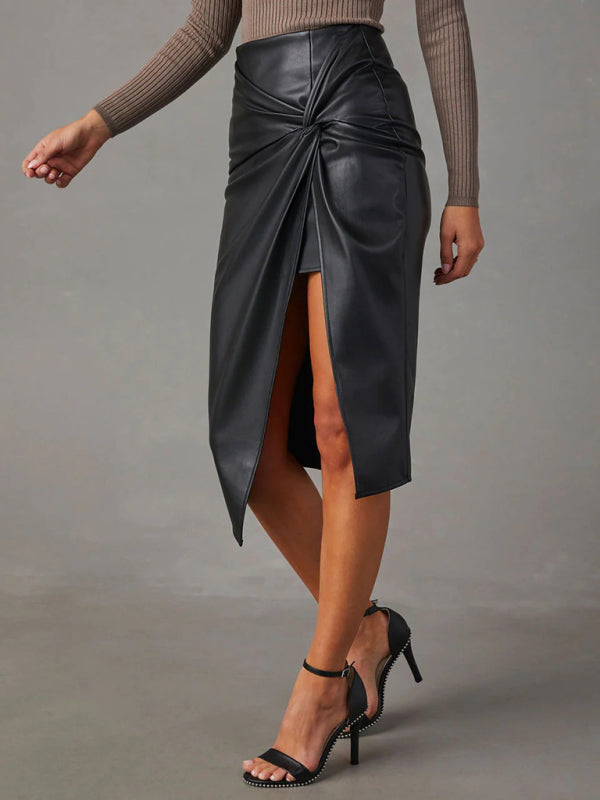 Twisted Elegance Faux Leather Midi Skirt - High-Slit Wrap Design