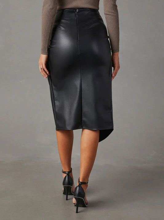 Twisted Elegance Faux Leather Midi Skirt - High-Slit Wrap Design
