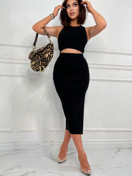 Solid Color Crop Top Slim Fit Slit Skirt Two Piece Set