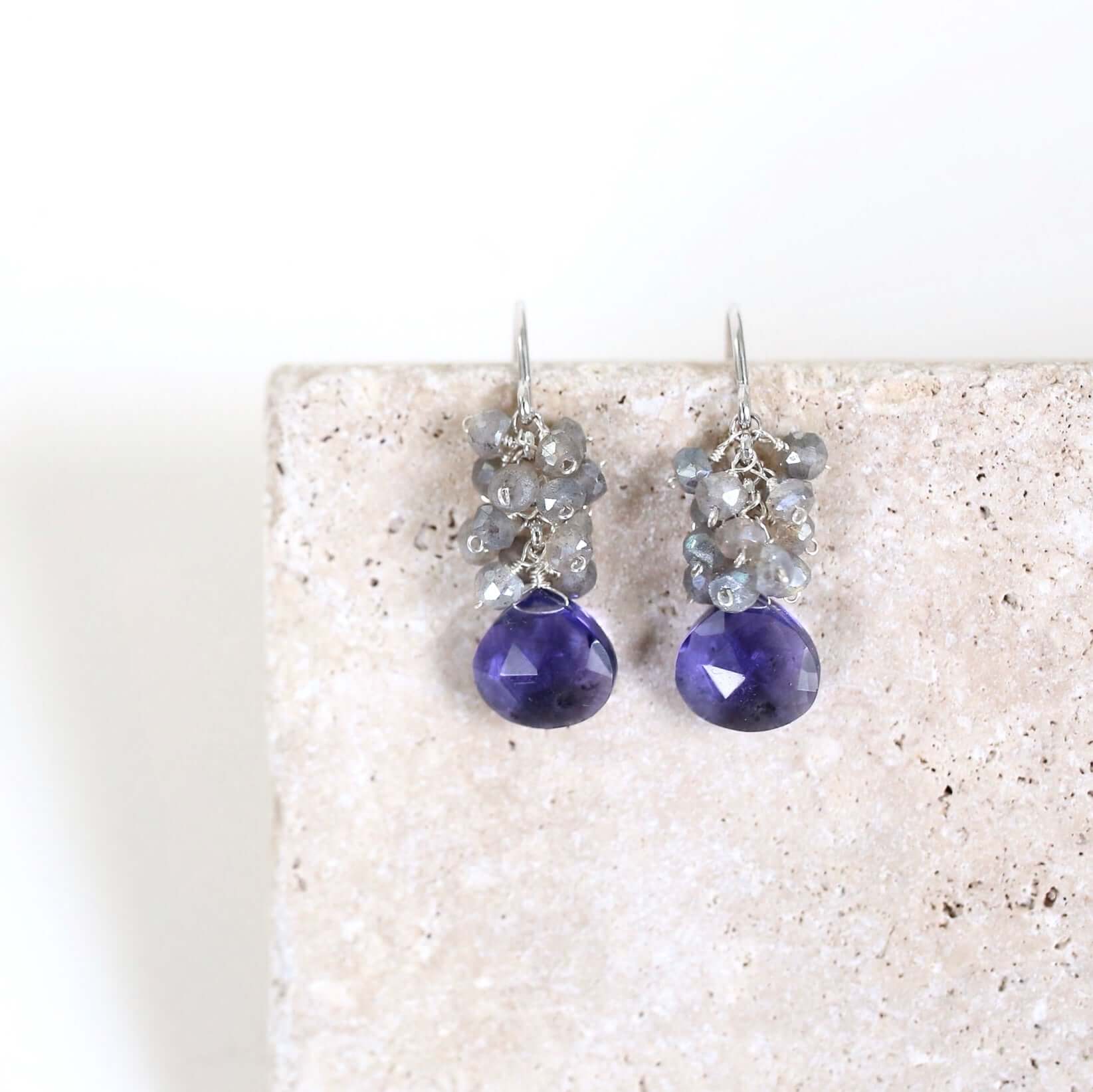 Tanzanite Quartz Earrings on a marble background.