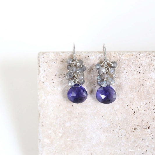Tanzanite Quartz Earrings on a marble background.
