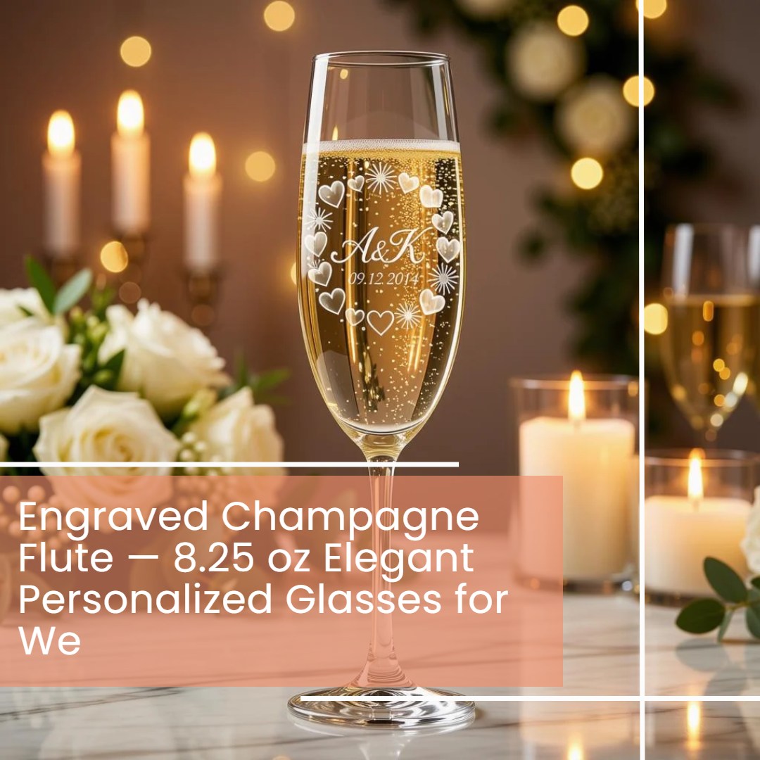 An engraved champagne flute filled with sparkling champagne, centered on a table with candles, flowers, and warm bokeh lights in the background. Text overlay reads: 'Engraved Champagne Flute — 8.