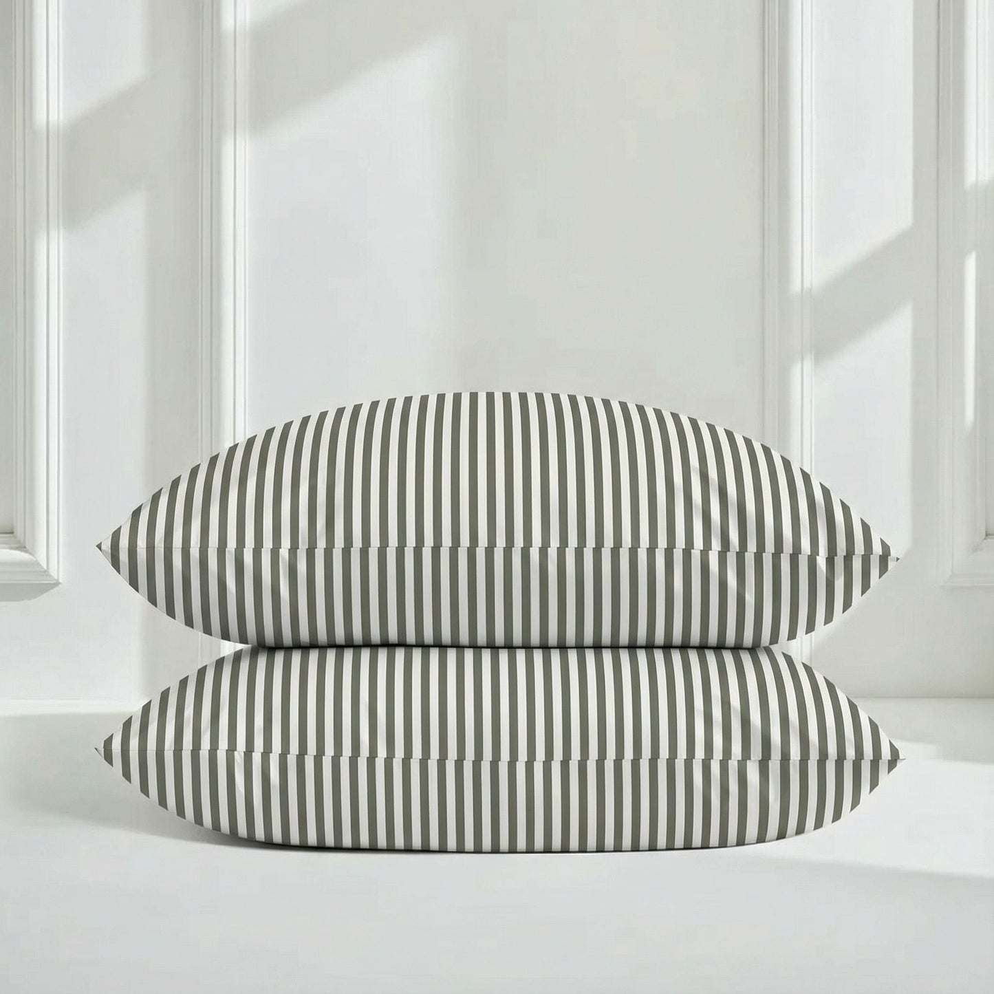 Two striped pillows on a white surface with a light-colored wall in the background