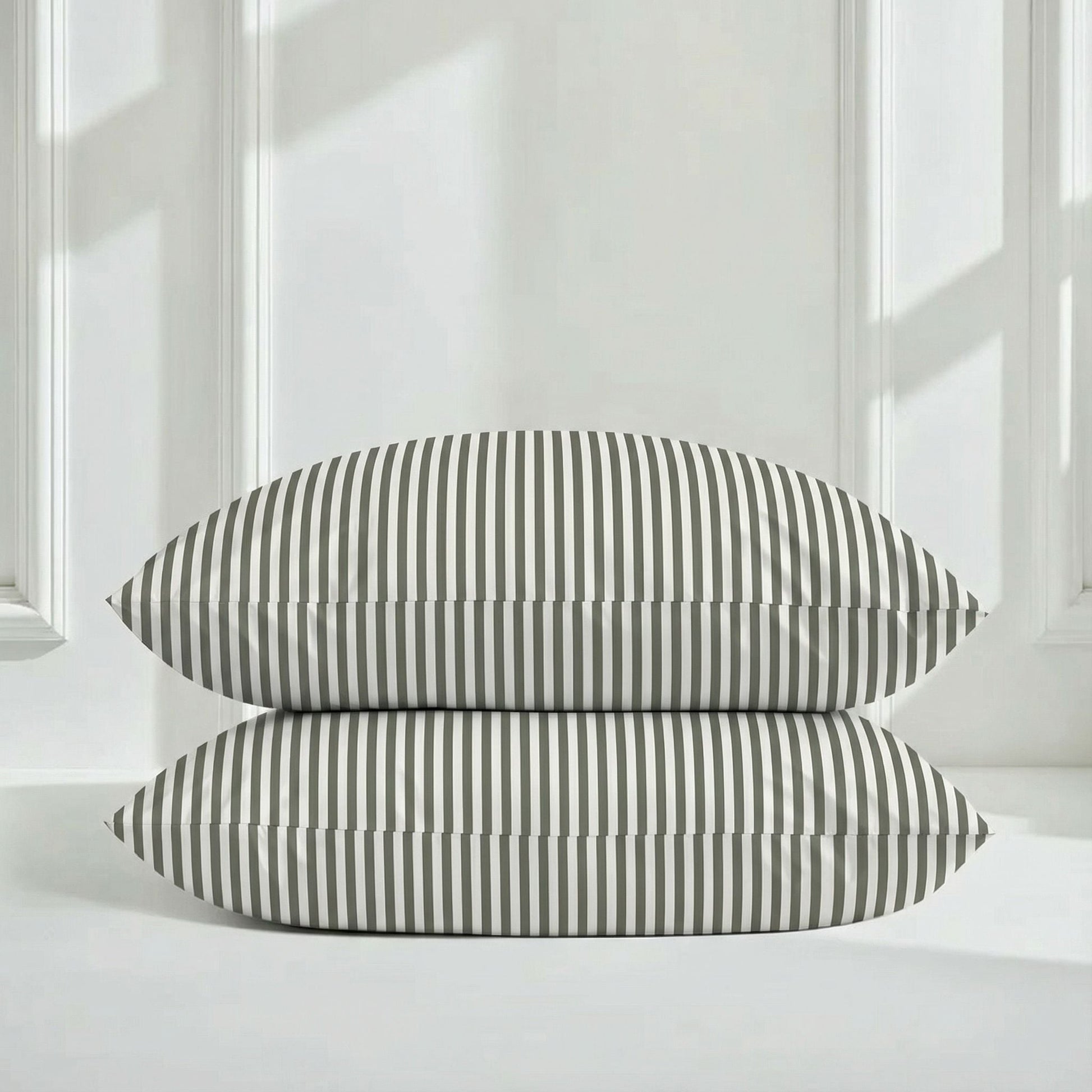 Two striped pillows on a white surface with a light-colored wall in the background
