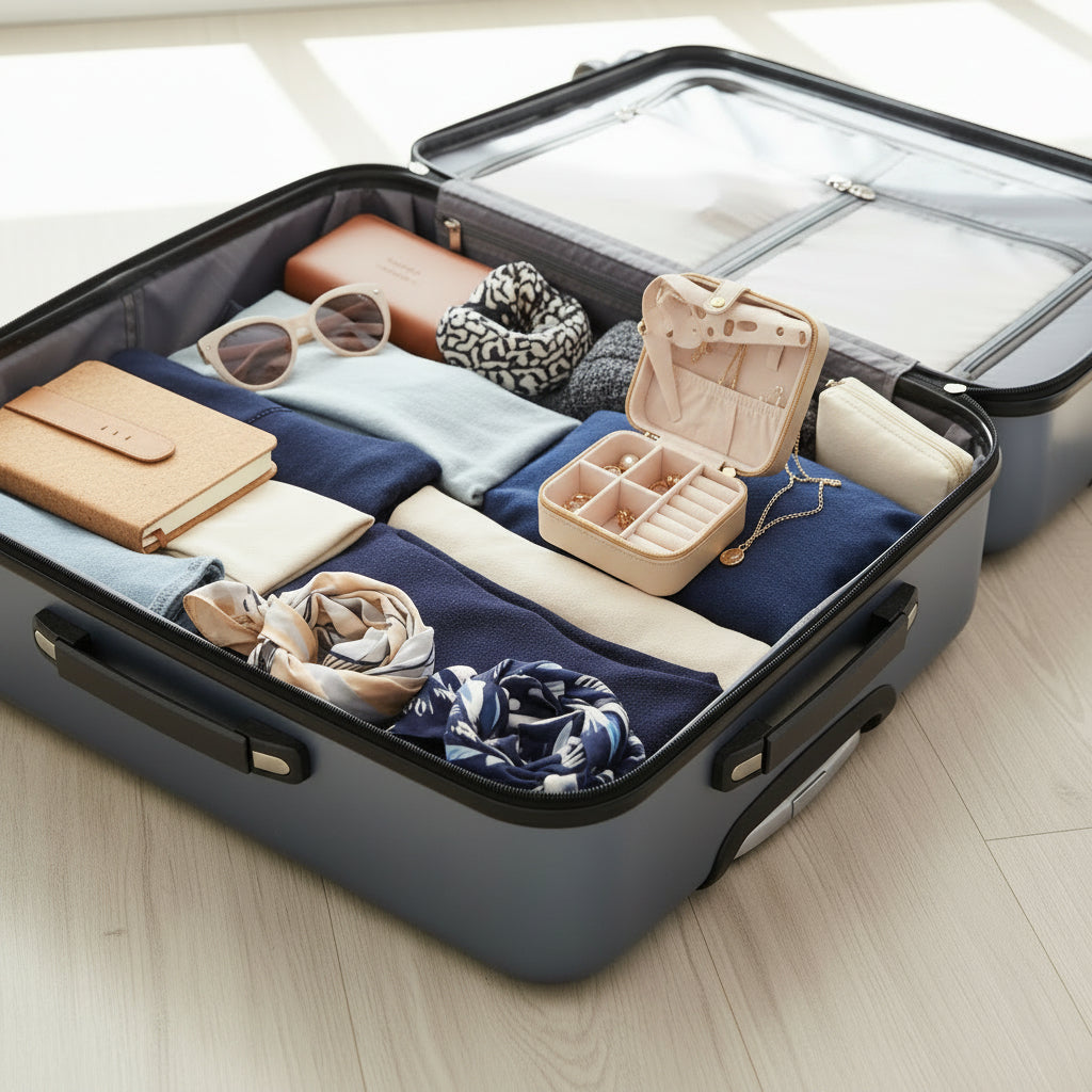 A beige jewelry case full of jewelry sitting on top of a packed suitcase.