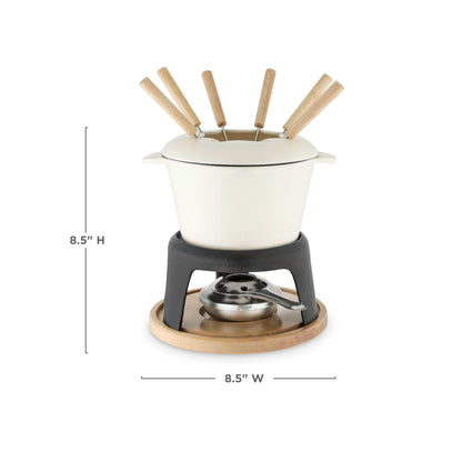 Fondue pot with wooden skewers on a white background, showing dimensions.