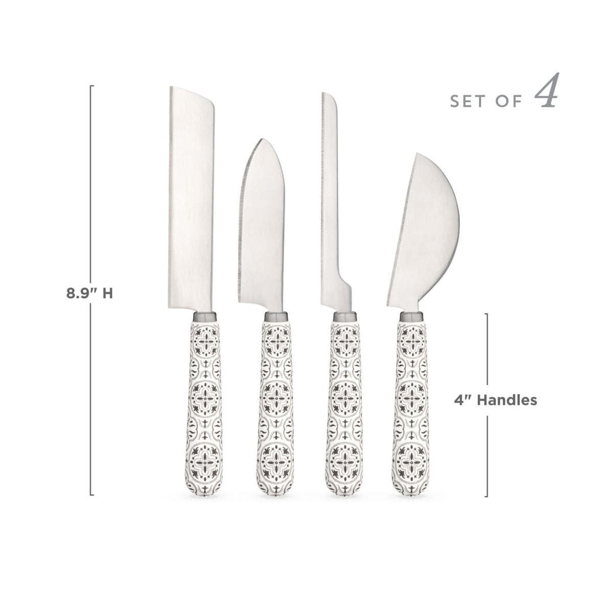 Four tile-patterned cheese knives with a size guide showing 8.9-inch overall length and 4-inch handles.