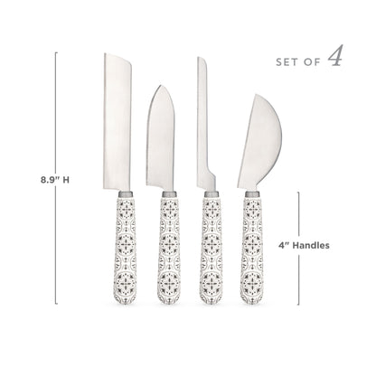 Four tile-patterned cheese knives with a size guide showing 8.9-inch overall length and 4-inch handles.