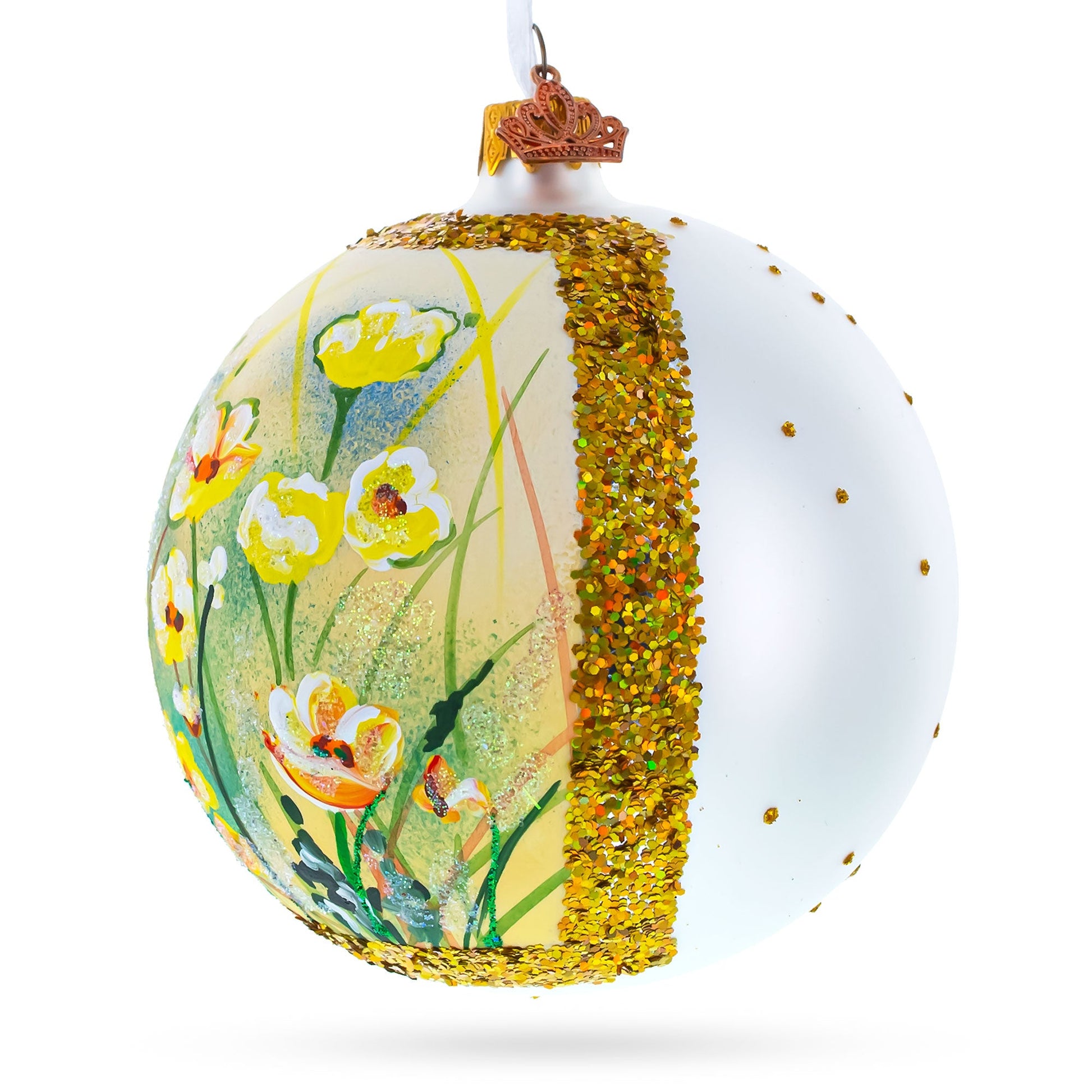 Summer in Bloom glass ball ornament, 4 inches, features floral artwork with yellow and white flowers and gold glitter acce...