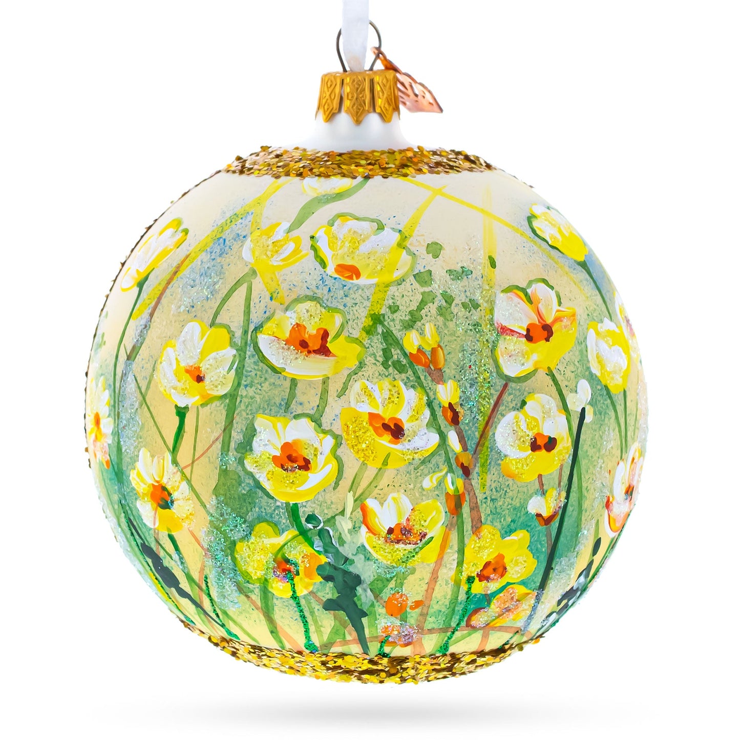 Summer in Bloom glass ball ornament, 4 inches, features yellow flowers on a green background with gold accents.