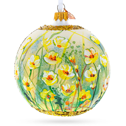 Summer in Bloom glass ball ornament, 4 inches, features yellow flowers on a green background with gold accents.