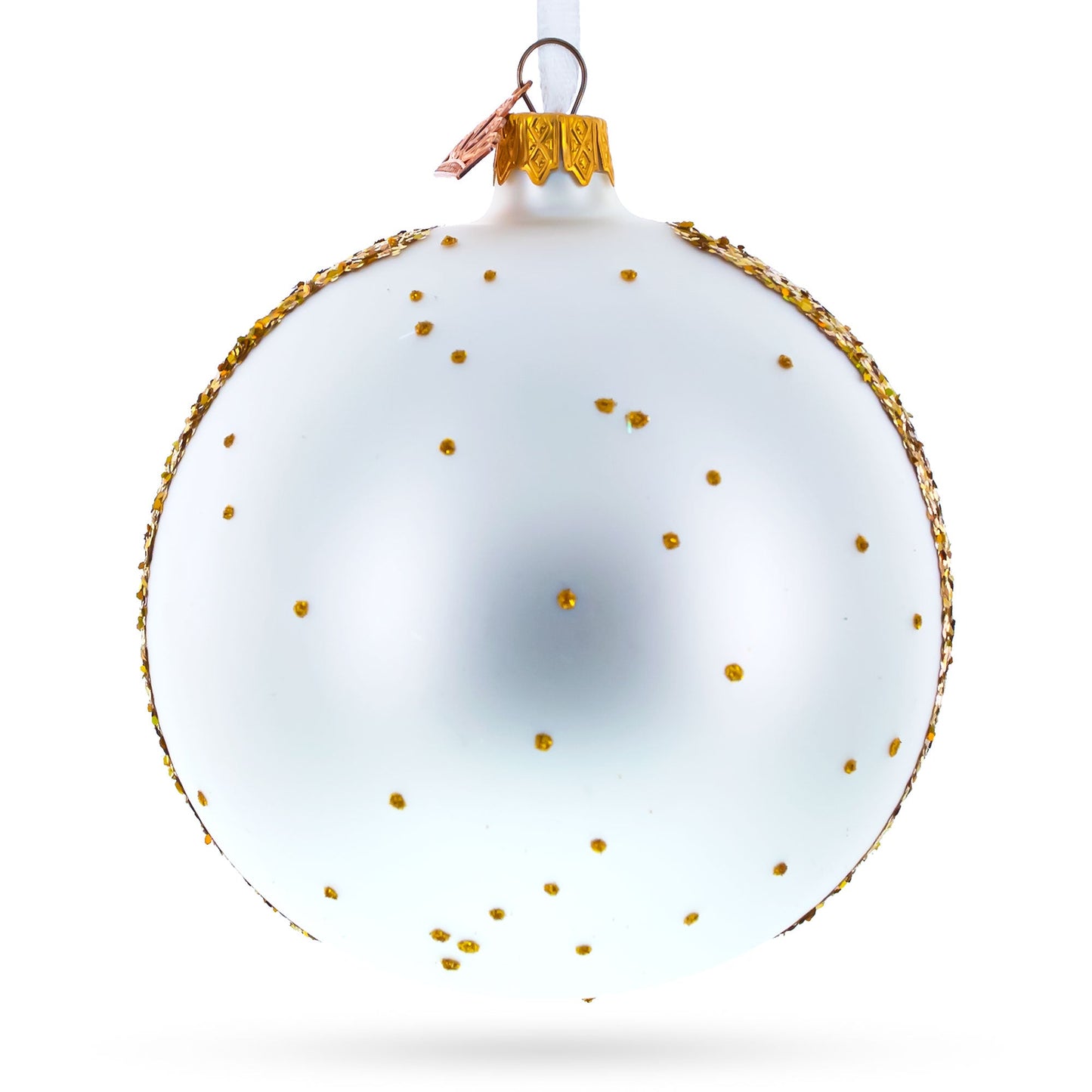 White glass ball ornament with gold accents and speckles, featuring a decorative top, 4 inches in diameter.