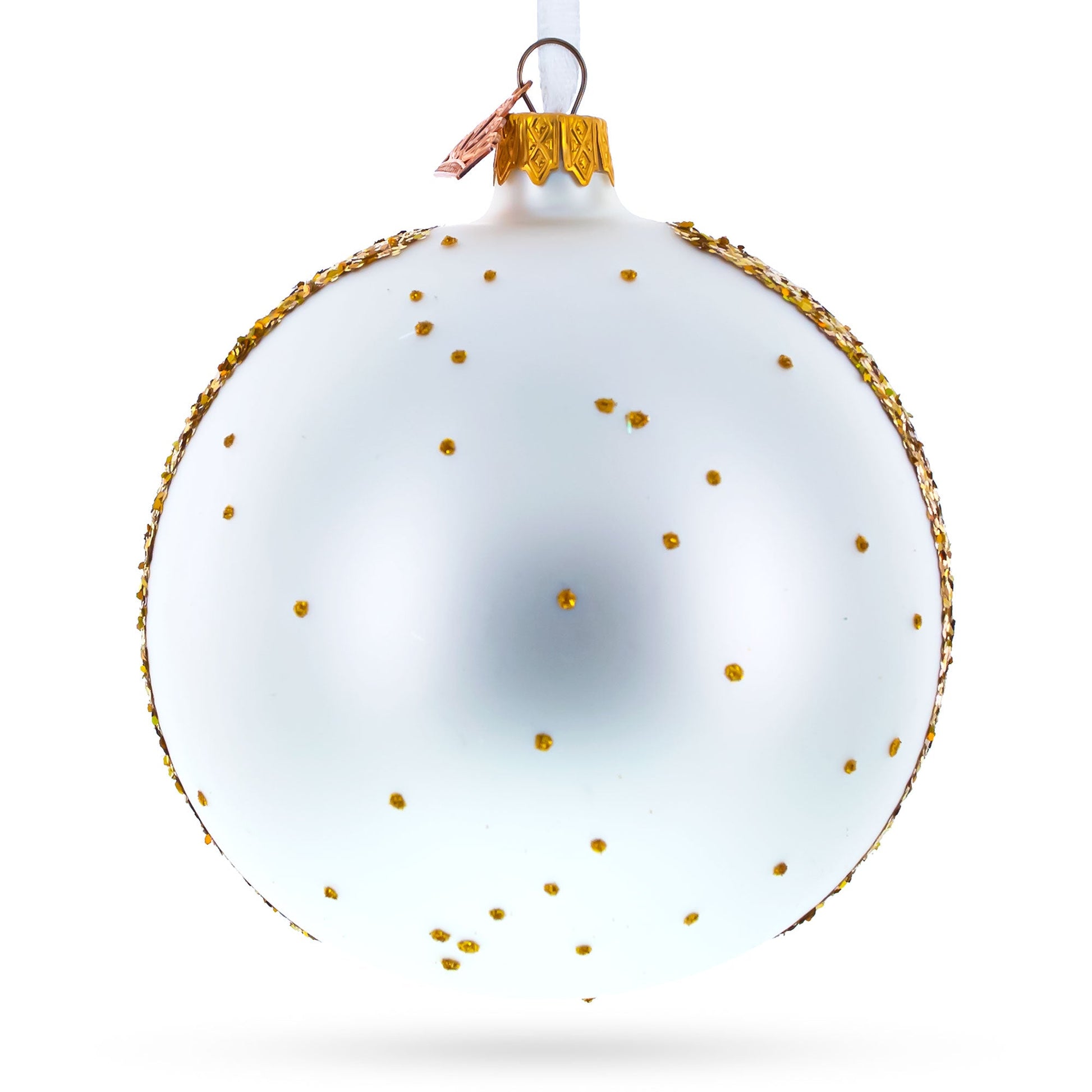 White glass ball ornament with gold accents and speckles, featuring a decorative top, 4 inches in diameter.