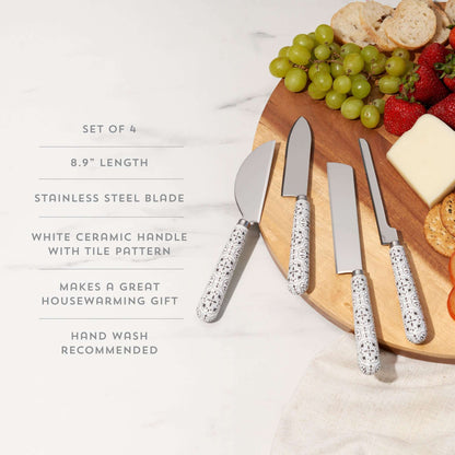 Cheese knife set on a fruit and cheese board, with features highlighting ceramic handles, stainless steel blades, and hand washing.