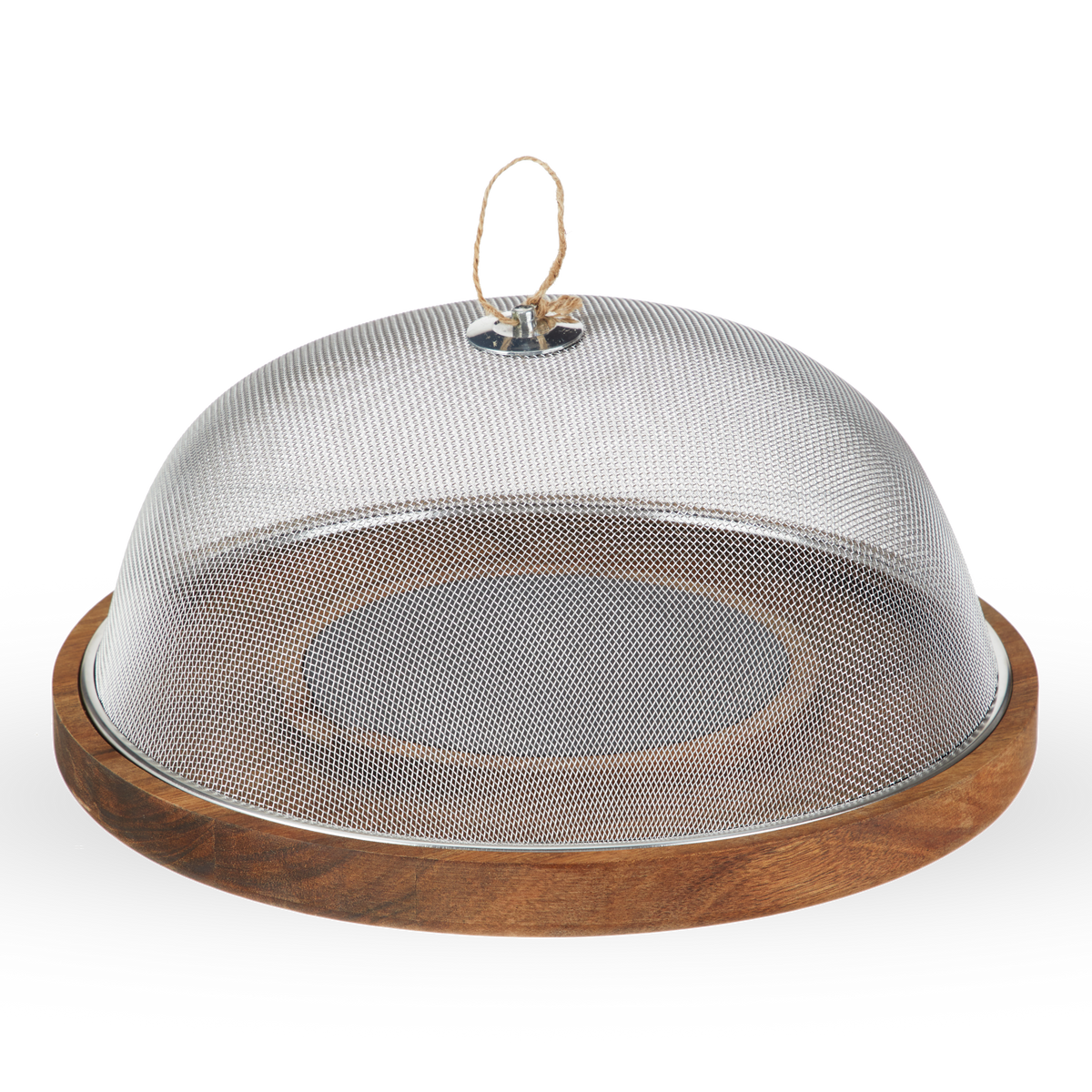 Metal mesh cloche on a wooden base with a white background
