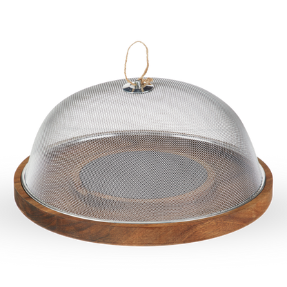 Metal mesh cloche on a wooden base with a white background