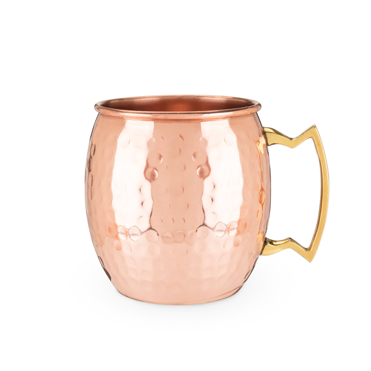 Hammered copper Moscow mule mug with a rounded body and gold-tone handle on a white background.