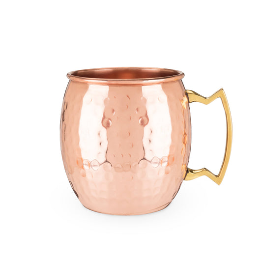 Hammered copper Moscow mule mug with a rounded body and gold-tone handle on a white background.