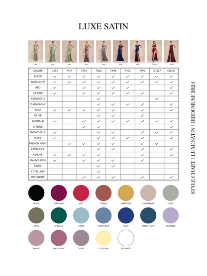 Color chart for Luxe Satin with dress images and color swatches.