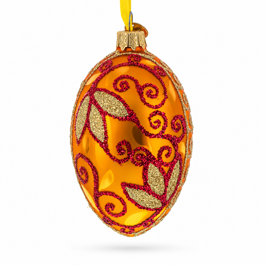 Autumn Leaves on Gold Glass Egg Christmas Ornament 4 Inches