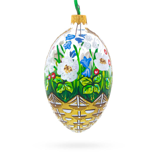 Summer flowers basket glass egg ornament, 4 inches tall, featuring colorful floral designs and a gold base.