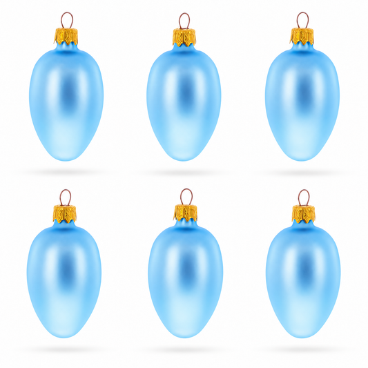 Set of 6 Blue Mini Glass Egg Ornaments 2.9 Inches
