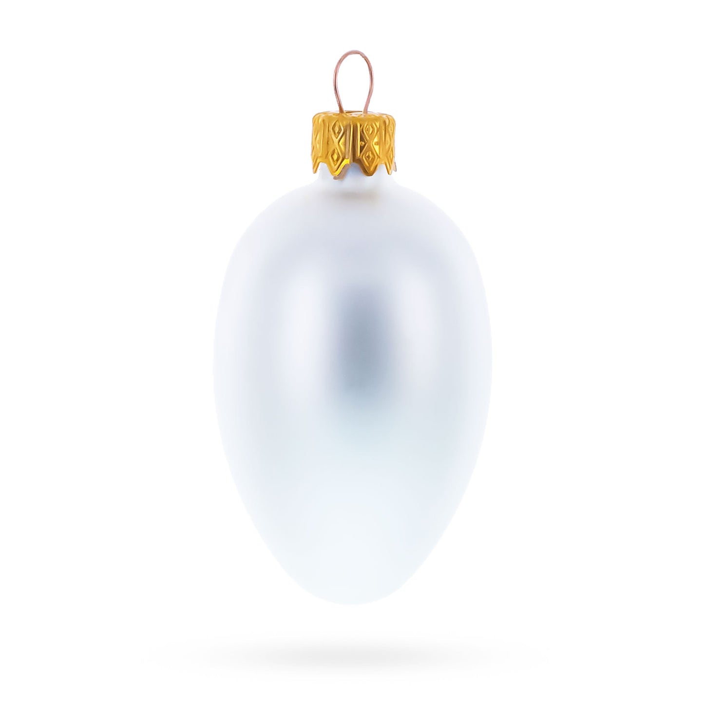 Single matte white egg-shaped glass ornament with a gold metal cap and wire loop.