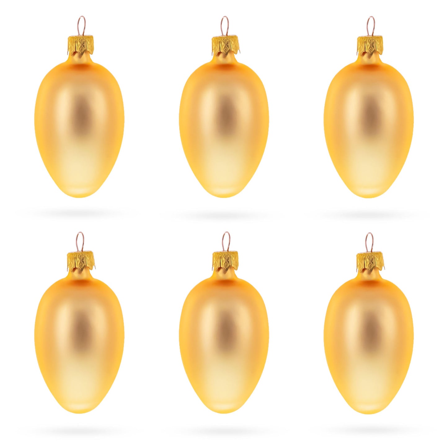 Six rose gold glass egg ornaments with metallic caps arranged in two rows on a white background.