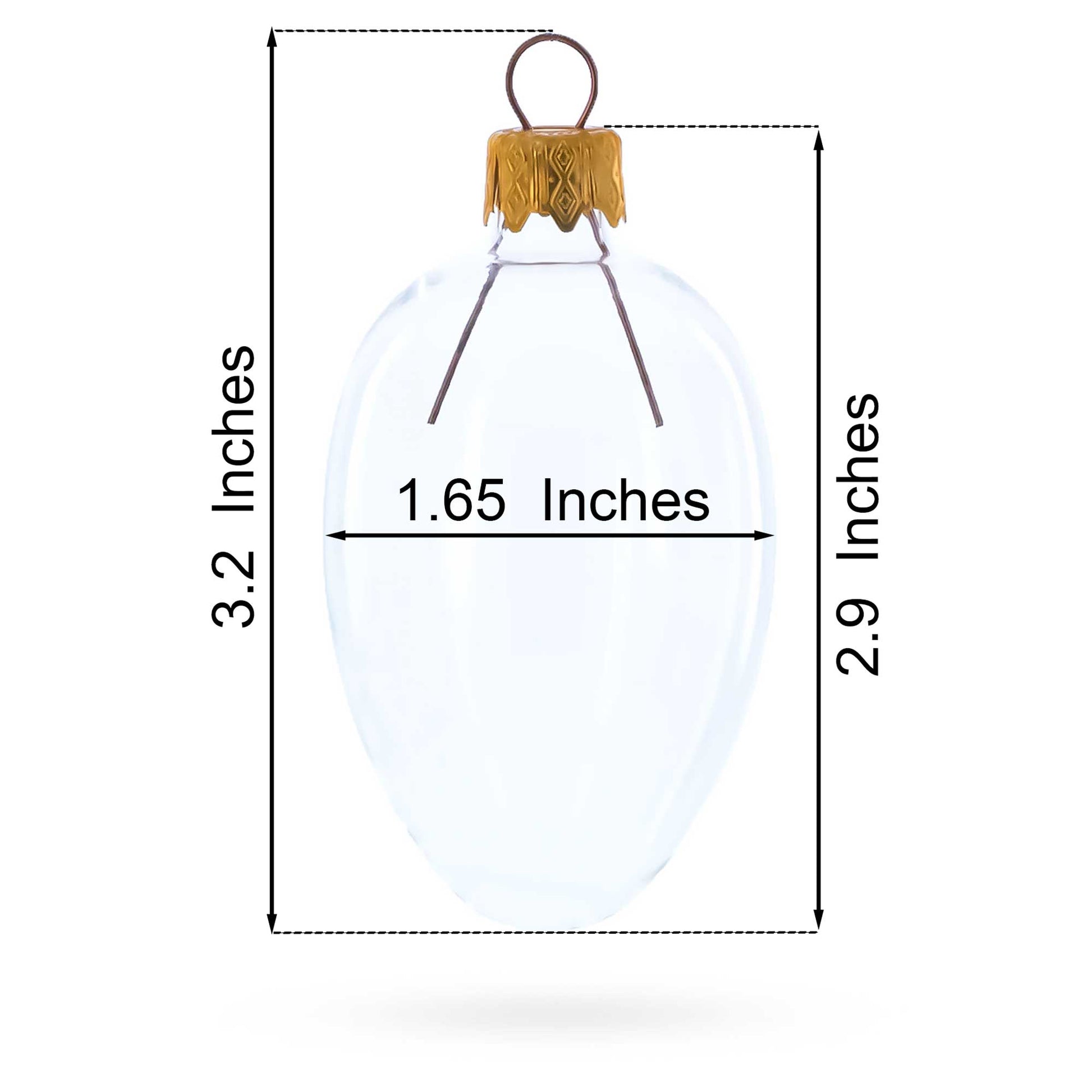 Clear glass egg ornament with a gold metal cap and wire loop. Printed dimensions show 2.9 inches and 1.65 inches.
