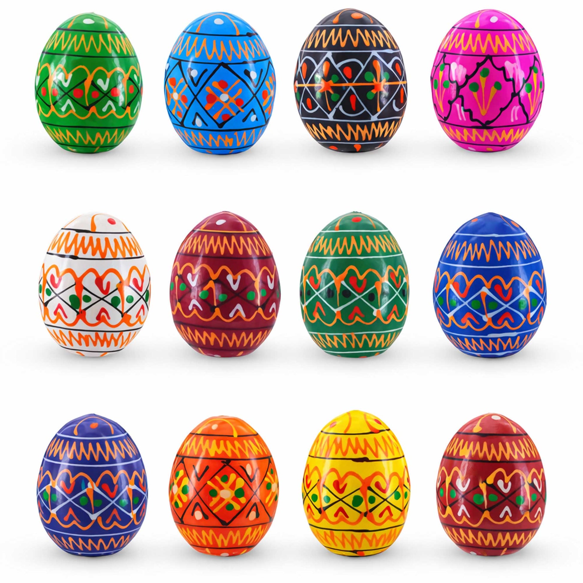 Twelve colorful wooden eggs with geometric Ukrainian Pysanky patterns arranged in three rows on a white background.