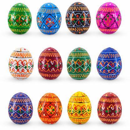 Twelve colorful wooden eggs with geometric Ukrainian Pysanky patterns arranged in three rows on a white background.