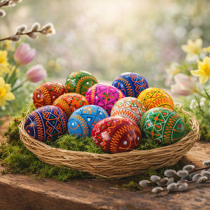 Twelve colorful Ukrainian Pysanky eggs with geometric patterns in a wicker nest on green moss.