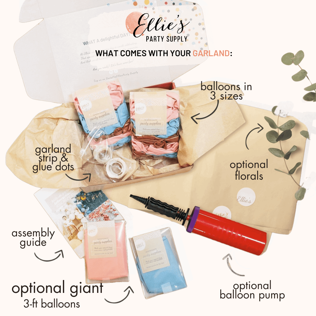 Ellie's Party Supply kit with pink and blue balloons, red hand pump, garland strip, and guide in a cardboard box.