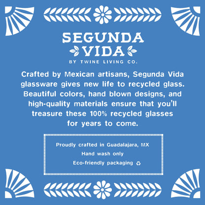 Segunda Vida brand card describing handblown, 100% recycled glassware crafted in Guadalajara, Mexico, with hand-wash care and eco-friendly packaging.