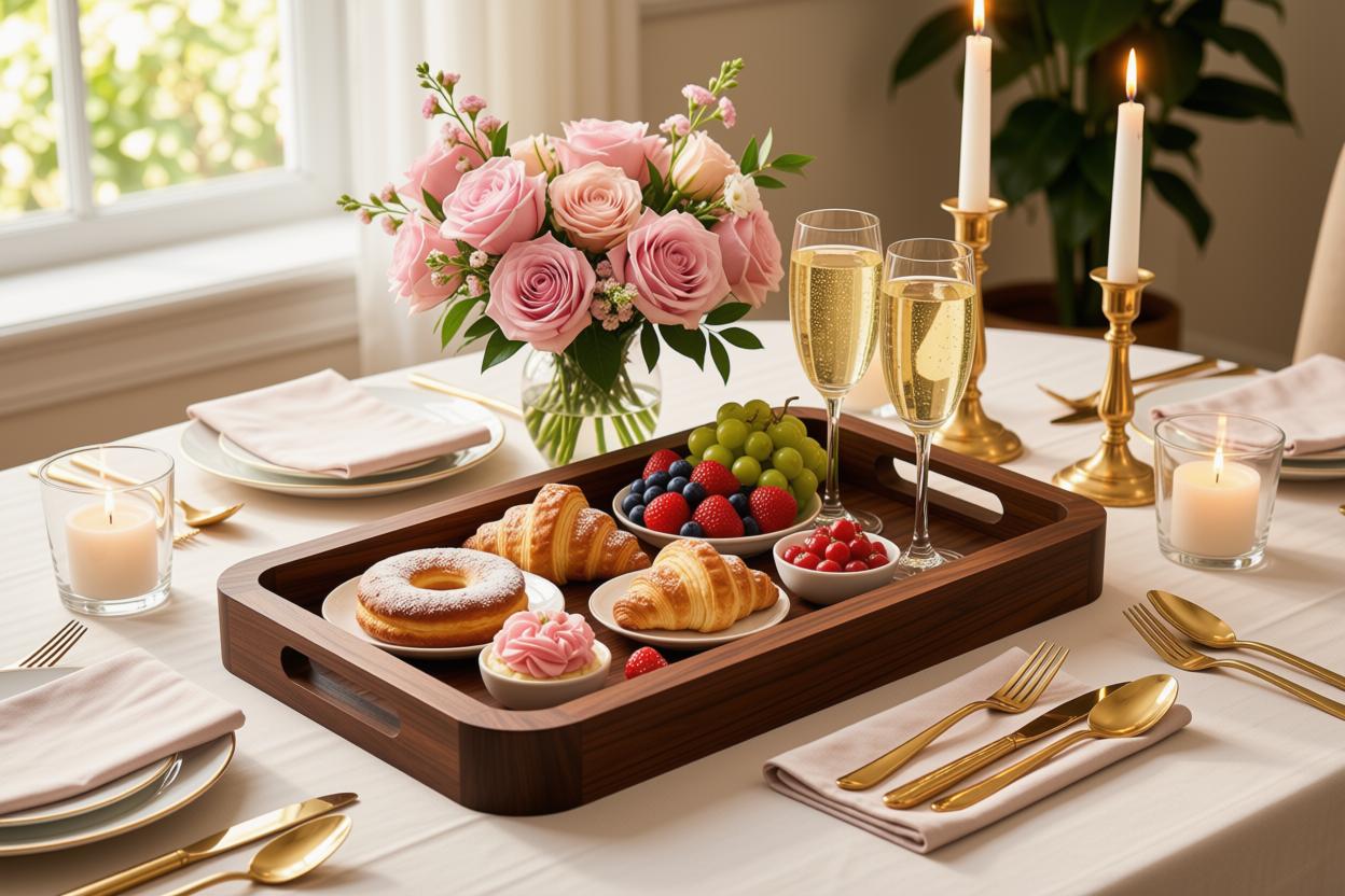 A wooden serving tray filled with pastries, fruit, and small desserts sits on a dining table set with gold cutlery, candles, champagne flutes, and a pink rose bouquet in the background.